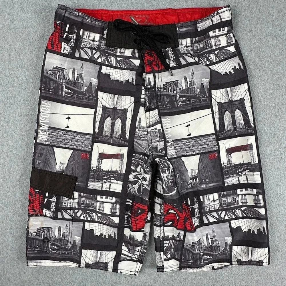 No Fear Mens XL Board‎ Shorts Graphic New York City Brooklyn Bridge Black Red